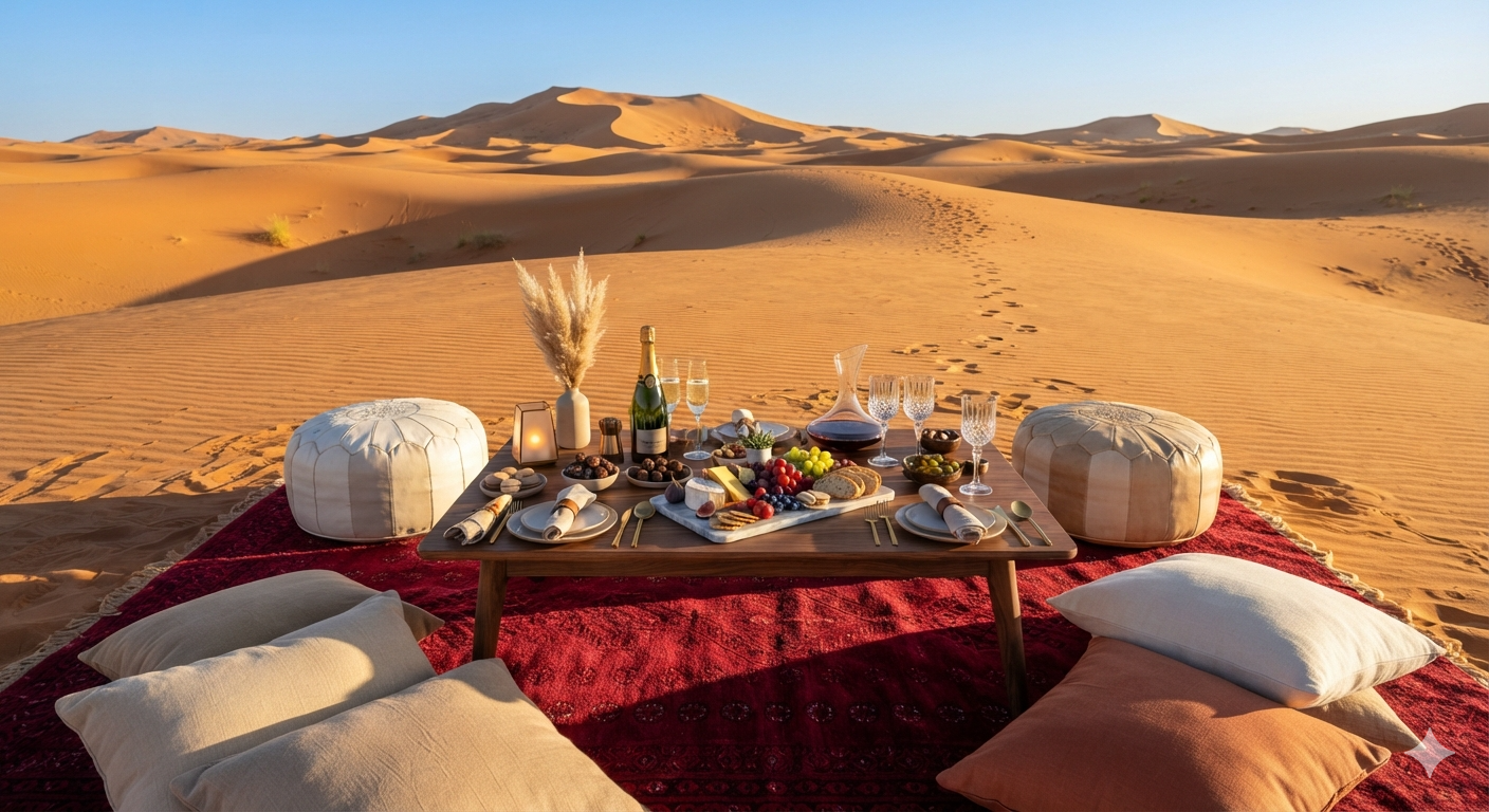 Copa de bienvenida y atardecer en las dunas de Merzouga