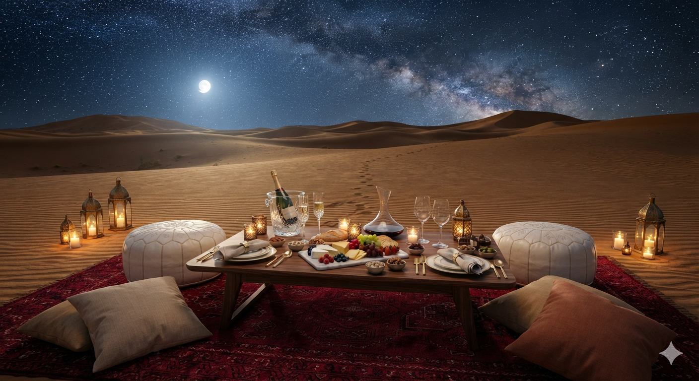 Cena privada a la luz de las velas en el desierto de Erg Chebbi