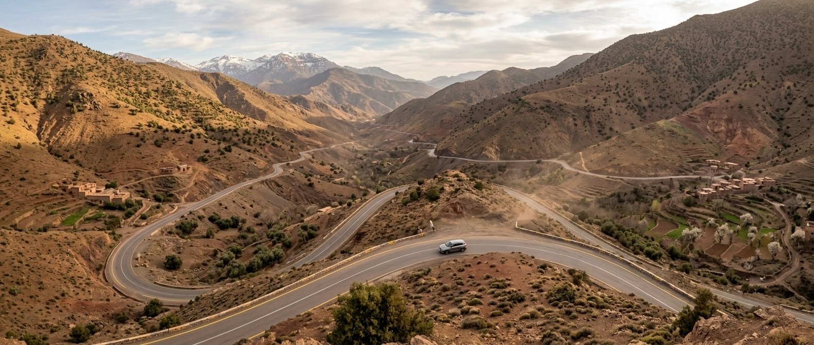Carretera panorámica atravesando las montañas del Atlas en Marruecos