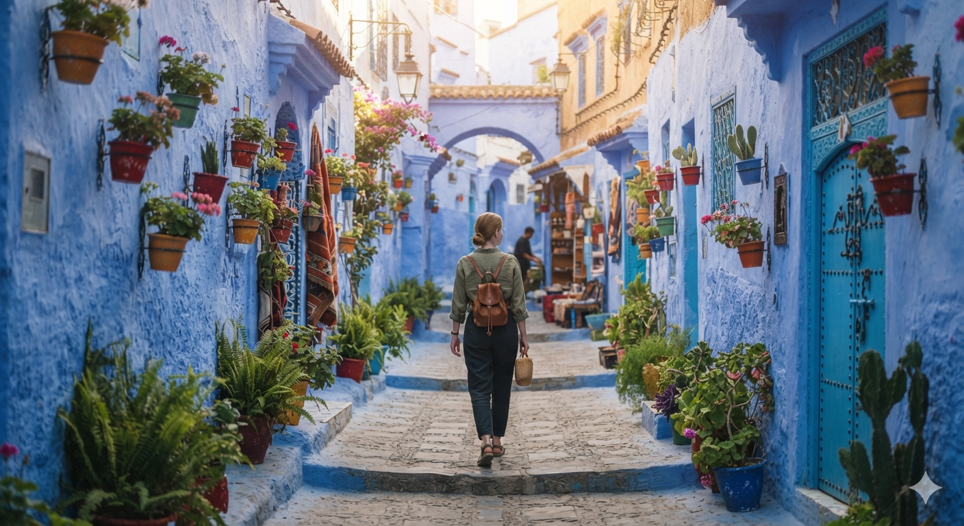 Viajera paseando tranquilamente por una callejuela pintada de azul en Chefchaouen